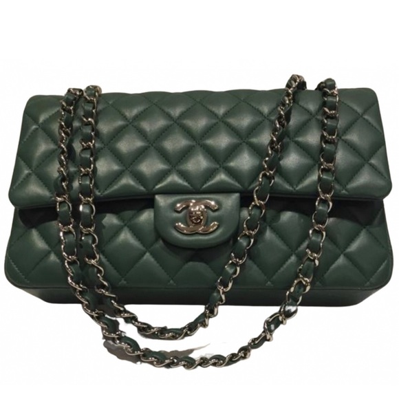 100AUTH CHANEL Green Double Silver Chain Flap Bag - Picture 8 of 10